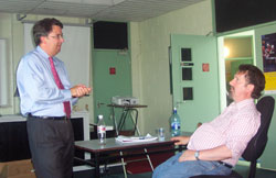 Peter talking to students